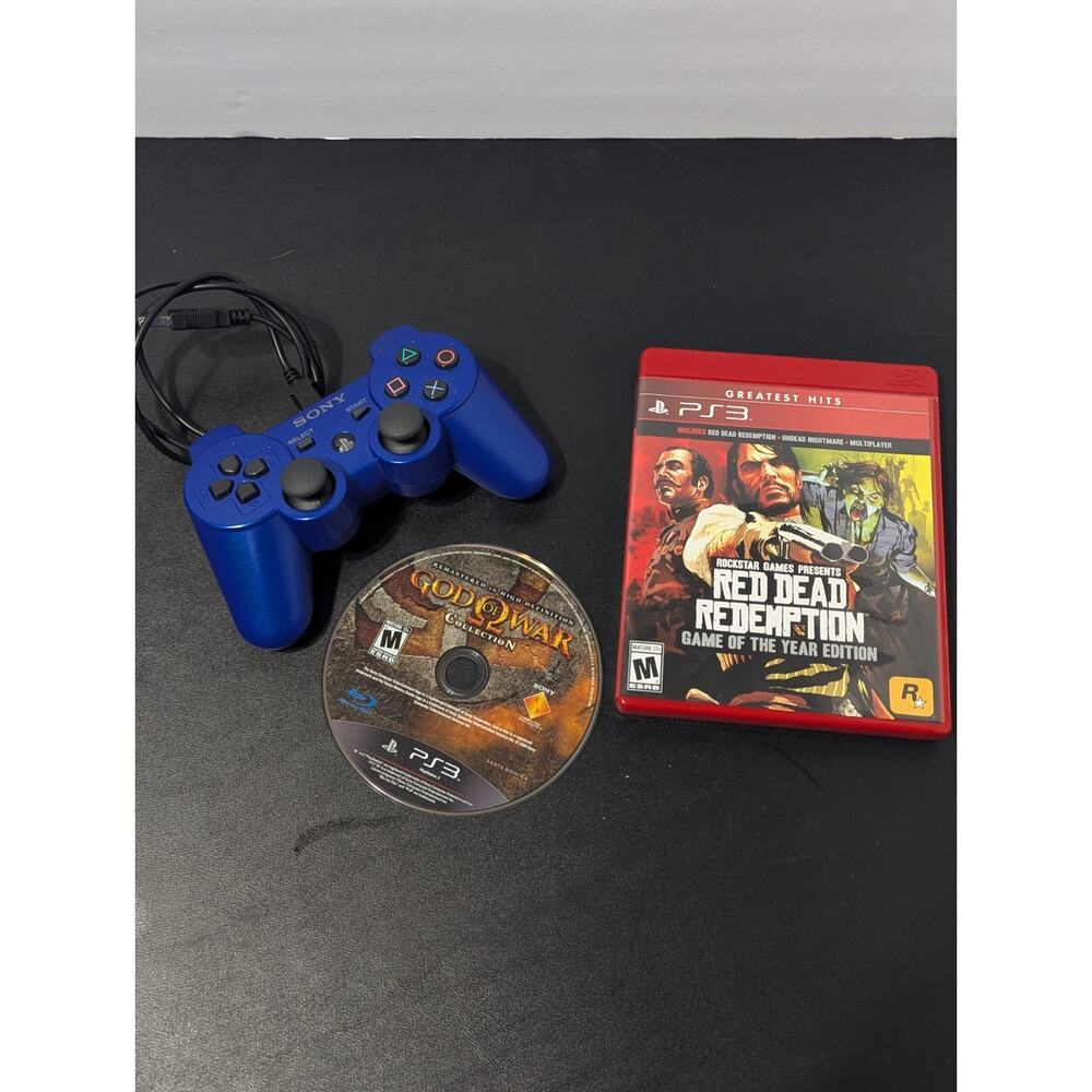 PS3 DualShock Controller Blue + Red Dead Redemption & God Of War Games - Tested